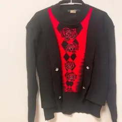 ✨一点もの✨ 【L】 赤黒 薔薇 リブニット キラキラ レトロ 派手