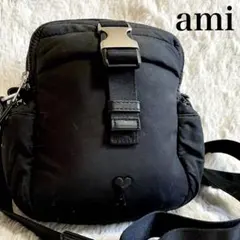 ami アミ スクエア ベルト ハート ロゴ ナイロン 黒 ショルダーバッグ
