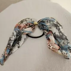 花柄シフォンヘアゴム　ヘアアクセサリー　リボン　水色　グレー　髪飾り