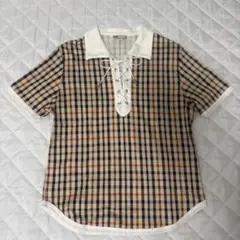 DAKS LONDON 半袖ポロシャツ チェック柄 レースアップ Mのサムネイル