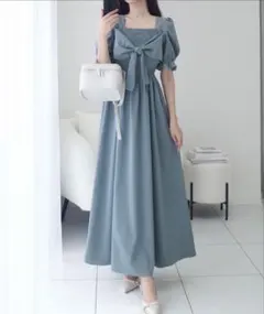 ブルー シャーリングリボンワンピース