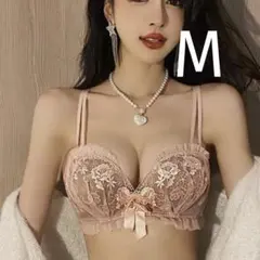 楽ブラ レース 盛れる 下着2597 ピンクM ノンワイヤーブラショーツ