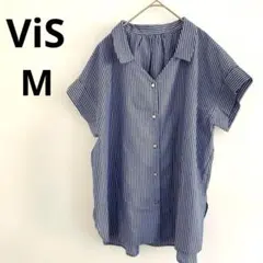 vis 青と白のストライプ 半袖シャツ 襟付き Vネック ブラウス M