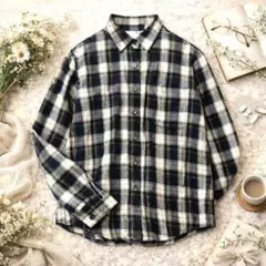 【美品】L.L.BeanネルシャツS相当緑黄チェック春シャツ