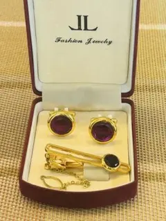 ゴールド カフス ネクタイピン セット 紫石 ケース付