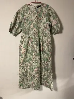 花柄ロングワンピース グリーン パフスリーブ フレアワンピース Mサイズ