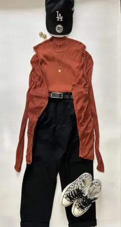 プラステ　ロングカーディガン タートルネック　アンサンブル　M 赤茶色　薄手