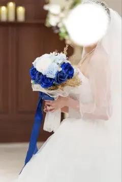 ウェディング ブーケ 青と白 造花＋ブートニア＋リボン