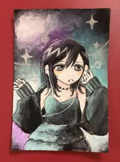 オリジナル 手描き イラスト 創作 女の子 ストリート パンク 音符 青緑 紫