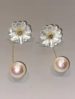 シェルフラワー×パール ロングピアス ゴールド 韓国風