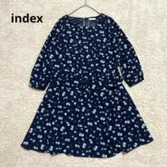 【index】インデックス　ワンピース　花柄　ペプラム　膝丈　M ネイビー