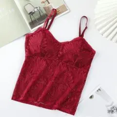 カップ付き　キャミソール　肩ひも　赤　リーフ柄レース　ヨガウエア　ブラトップ