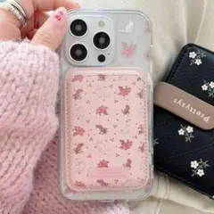 iPhone15　Pro　ピンク　花　猫　磁気吸着　スマホケース　カードケース付