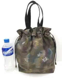 春のお祝いSALE❣️帯リメイク巾着トートバッグ♡カーキブラウンゴールドペイズリー