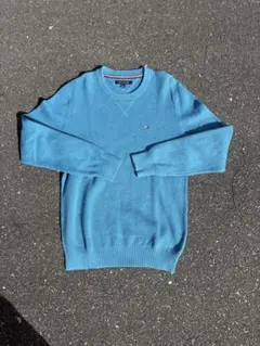 TOMMY HILFIGER ニット セーター ワンポイント 水色 古着 L