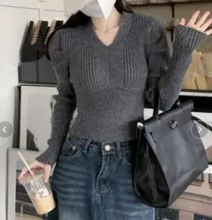 Vネック リブニット プルオーバー トップス レディース グレー 長袖