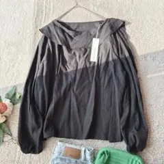 新品(F)美品/未使用/長袖シャツ/ブラウス/フリル/黒/プルオーバー