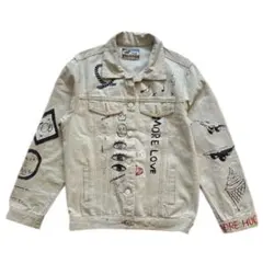 【個性派】手書き風ペイント デニムジャケット 生成り ストリート系