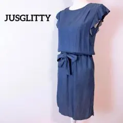 【美品】ジャスグリッティー＊フリル袖 デニムライク リボンブラウジングワンピース