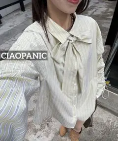 k0482 CIAOPANIC 袖シャーリングボウタイ付ストライプシャツのサムネイル