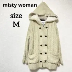 ミスティーウーマン ケーブル編みニットコート フード付き M オフホワイト 秋冬