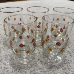 【TOSHIKO】 ★美品★ 昭和レトロ 花柄ガラスコップ 脚付き 5個セット