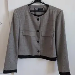 ZARA 千鳥柄　ノーカラージャケット　L