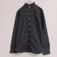 アースミュージック&エコロジー フリルネックシャツ グリーン系チェック S