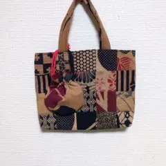 柿渋染めパッチワーク　エコバッグ 収納巾着付き