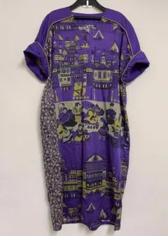 B03105 古代民族柄　パープル　Vネック　切り替え　ワンピース　古着