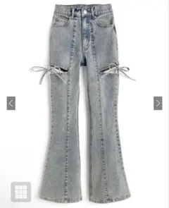 サイドカットアウトリボンフレアデニムパンツ（cu578)Sサイズ、ライトブルー