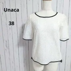 Unaca☆パンチングレースブラウス　38　白黒　半袖　パイピング　きれいめのサムネイル