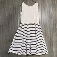 ナチュラルビューティー　ノースリーブ ボーダーワンピース　白　M