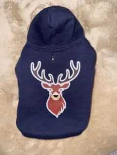 【美品】犬服 フード付き ネイビー 鹿刺繍 Sサイズ