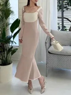 ロイヤルパーティー コサージュ付デコルテライン配色ニットマーメイドワンピース