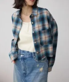 AZUL BY MOUSSY 青系チェック クロップド丈シャツ チェックシャツ