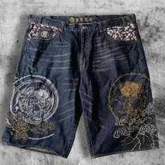 豊天商店 和柄 風神雷神 デニム 豪華刺繍 ハーフパンツ ビッグサイズ 120のサムネイル