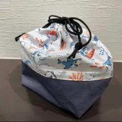お弁当袋　巾着袋　【サメ×デニム風】