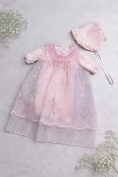 ピンク　刺繍入り　ベビードレス　帽子
