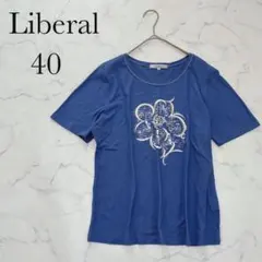 【リベラル】Tシャツ 花柄 プリント 半袖 ラインストーン風 カットソー 青のサムネイル