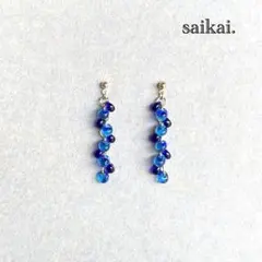 [1074]ティアドロップガラスの螺旋ピアス ブルー クリア ハンドメイド