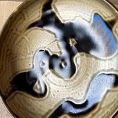 【民藝】益子焼 濱田庄司風 黒釉流描深皿19cm 中鉢　民藝 スリップウェアのサムネイル