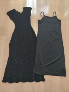 ブラックニットワンピースとキャミソールセット
