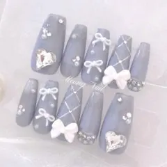 No.92現品♡量産型ワンホン韓国フレンチガーリーハートリボンスナ系ネイルチップ