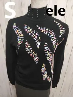 ele ビーズ刺繍 タートルネックニットセーター 黒 Sサイズ