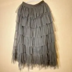 【美品】【M】ボリュームたっぷり チュールティアード ロングスカート グレー