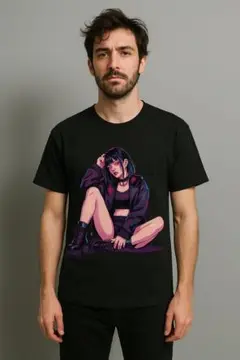 ストリート系 アートプリントブラックTシャツ Lサイズ ヘビーウエイトコットン