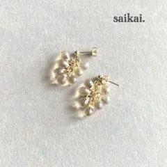 [1107]チェコガラスドロップのピアス ベージュ ゴールド ハンドメイド