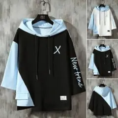 フード付きカジュアルシャツ 黒と水色