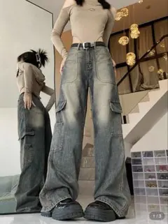 SHEIN ウォッシュストレートレッグカーゴジーンズ